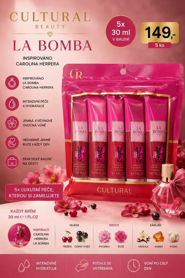PARFÉMOVANÉ KRÉMY NA RUCE LA BOMBA 5×30 ML | INSPIROVÁNO CAROLINA HERRERA LA BOMBA