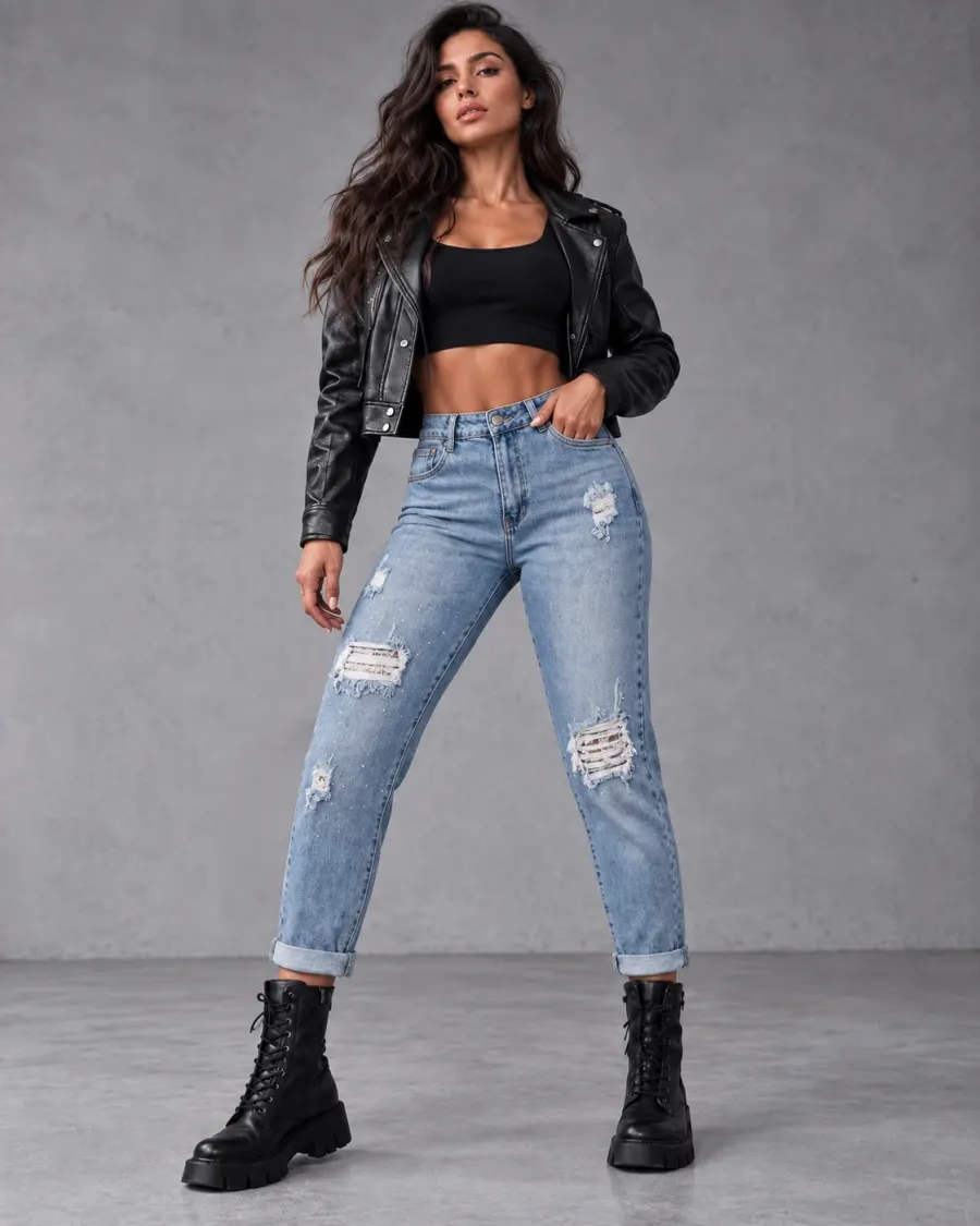 Női rugalmas koptatott mom fit farmer Judita